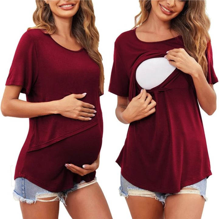 Pregnant%20Women's%20Summer%20Fashionable%20Irregular%20Breastfeeding%20Top%20Soft%20and%20Comfortable%20Round%20Neck%20Anti%20Light%20Short%20Sleeved%20T-shirt%20-%20Image%203