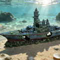 Aquarium Decoration Shipwreck Landscape with Textured Rock Design - Fish Habitat, Solid Structure Suitable for Aquatic Pets.