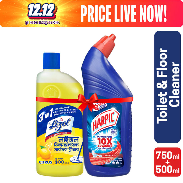 Harpic Toilet Cleaner 750ml and Lizol Citrus 500ml Double Surokkha Combo