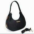 Moon Bag/Elegant Black Shoulder Bag with Golden Accents. 