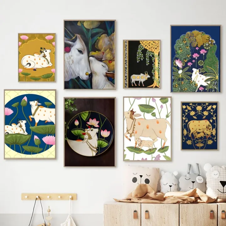 F-Indian Art Cow and Lotus Golden Poster Kraft Club Bar Paper Vintage Poster Wall Art Painting Bedroom Study Stickers