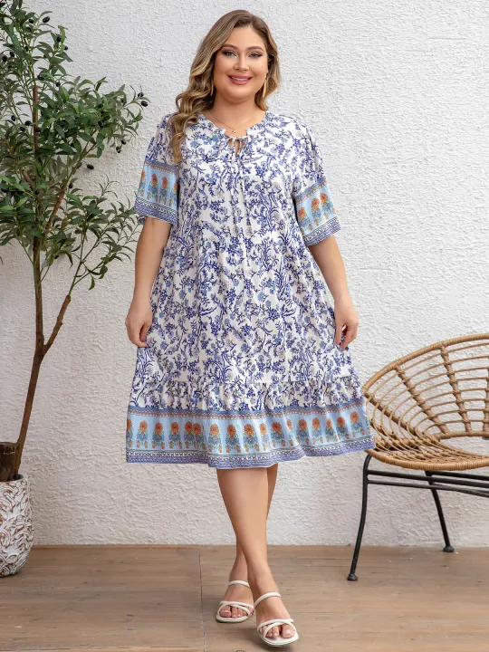 Plus%20Size%20Women's%20Blue%20White%20Floral%20Print%20Dress%20Tie%20Half%20Sleeve%20Boho%20Style%20Loose%20Casual%20Midi%20Dress%20-%20Image%204