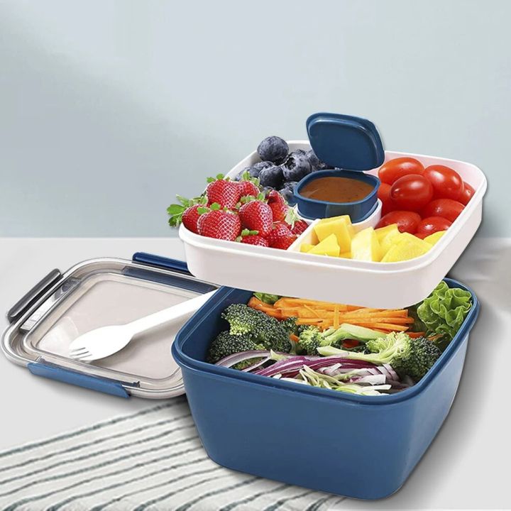 1100ml/1500ml Portable Lunch Box Container 2 Layer Grid Salad Bowl ...