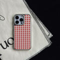 Simple Red Plaid Grid Pattern Acrylic Material Glossy Surface Silver-Plated Phone Case for iPhone 13 14 15 16 17 Pro Max. 