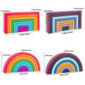 Montessori Wooden Rainbow Stacking Game,Eight Layers Square/Arch Colorful Stacker,Color Recognition Building Blocks Toys. 