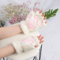 New Kawaii Women Warm Cat Gloves Fashion Girls Cat Claw Paw Plush Mittens Soft Plush Short Fingerless Half Finger Winter Gloves. 