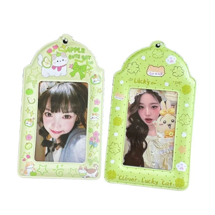 2pcs%20Cute%20Cartoon%20Cat%20Card%20Holder%20Green%20Tone%20Ins%20Style%20PVC%20%20Idol%20Photo%20Storage%20Pendant%20-%20Image%205