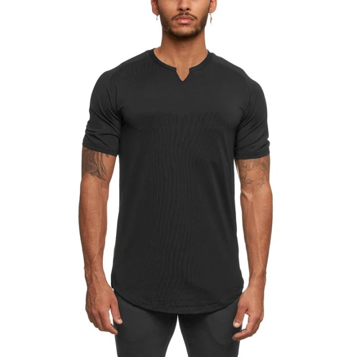 Running T-shirts Mens V-neck Slim Fit Fitness T Shirt Solid Gym Clothing Bodybuilding Tight T-shirt Quick Dry Training Tee Shirt