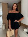 2025 Women's Solid Color Off-shoulder Ruffled Casual Waist Rompers.