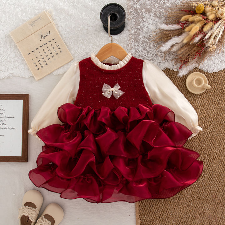 Autumn And Winter New Princess Style Baby Girl Dresses, Red Children'S Clothes For Birthday Parties Suitable For Babies Aged 0-3