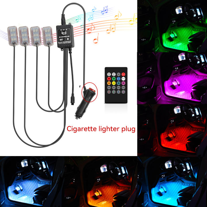 LED RGB Car Foot Ambient Light With USB/Cig Wireless Remote Voice Music APP Control Cigarette  Car Footwell Lights