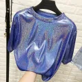 New summer retro style stylish bright silk woman tops shiny loose short sleeve t-shirt sexy club aesthetic harajuku women tshirt. 