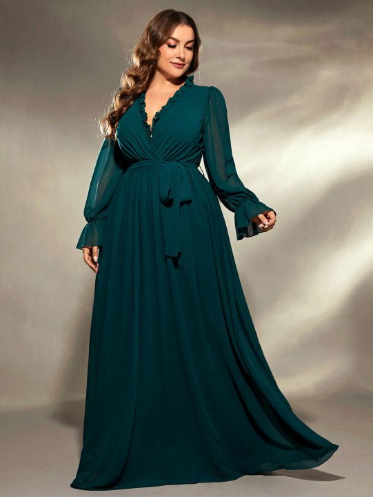 Mgiacy plus size V-neck irregular cross folding wood ear lace chiffon long sleeve dress Evening gown Ball dress Party dress