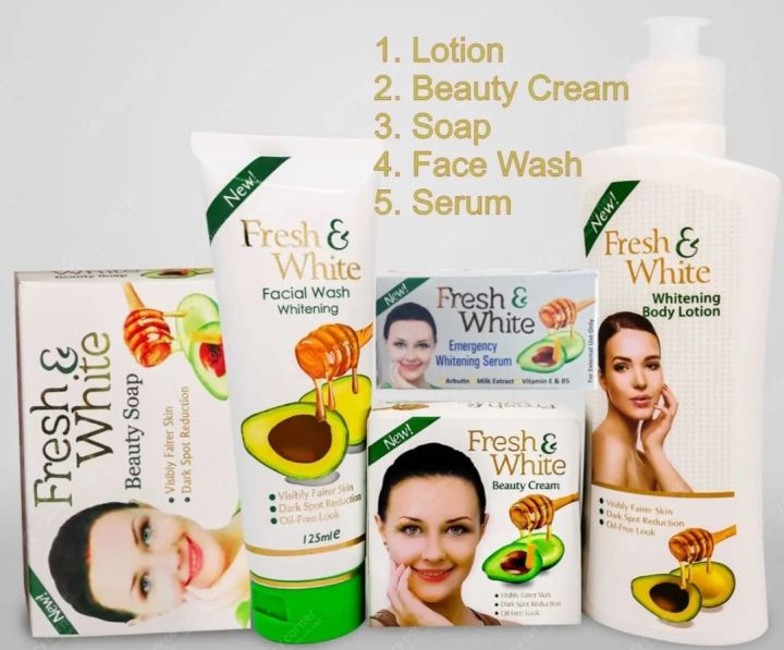 Fresh & White 1. Lotion 2. Beauty Cream 3.
Soap 4. Face Wash 5. Serum Combo Pack...