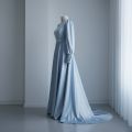 Luxury Silk Maxi Dress for Women | Light Blue Full Sleeves Long Gown | Elegant Modest Party & Wedding Wear | Designer Satin Stitched Frock. 