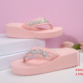Pink Crystal Flower Wedge Heels Flip Flops Women Platform Clip Toe Beach Sandals Woman 2026 Fashion Plus Size 36-42 EVA Slippers. 