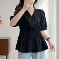 200 Pounds Plus Size Elastic Waist Summer Shirt And Blouse Solid Top Women's New In Clothes Simple V-neck French.