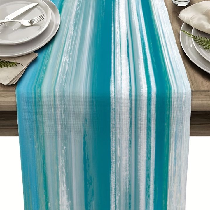 VIKAMA Trendy Turquoise Abstract Line Print Table Runner, For Kitchen, Dining Table, Dining Room, Spring Party Table Home Decor