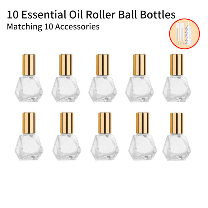 10PCS+10Accessories 8ml mini portable polygonal clear glass roller bottle with 10 roller bottles, 5 funnels, 5 droppers