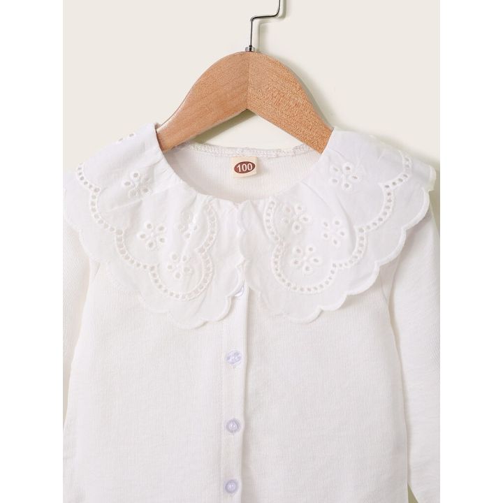 Kids%20Girl%201-6Y%20Button%20T%20Shirt%20Hollow%20Lace%20Collar%20White%20Long%20Sleeved%20Lovely%20Korean%20Version%20Top%20Autumn%20Toddler%20Girl%20Clothes%20-%20Image%202