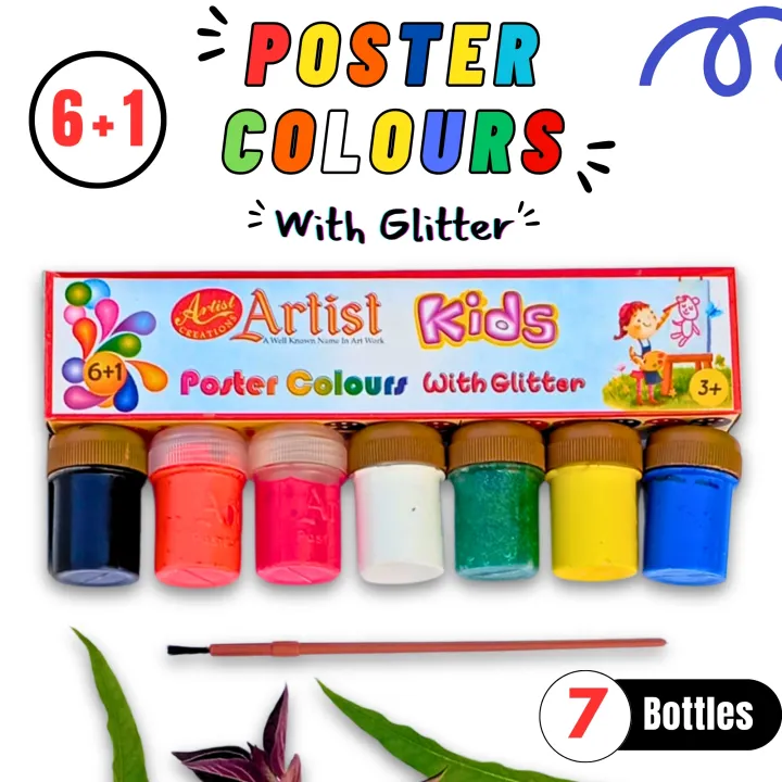 6+1 Poster Colours with Glitter for Kids – Washable, Safe & Non-Toxic ...