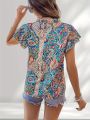 Spring Summer Women's Paisley Print Blouse Vintage Notched Neck Ruffle Trim Elegant Basic Layering Top. 