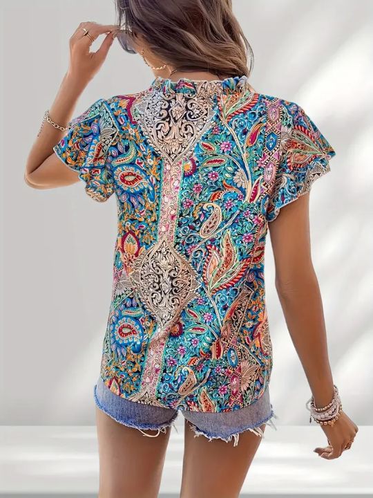 Spring%20Summer%20Women's%20Paisley%20Print%20Blouse%20Vintage%20Notched%20Neck%20Ruffle%20Trim%20Elegant%20Basic%20Layering%20Top%20-%20Image%204