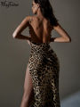 Hugcitar Leopard Print Swing Collar Sleeveless  Maxi Slit Prom Dress Summer Women Fashion Y2K Clothes Party Beach Vacation. 