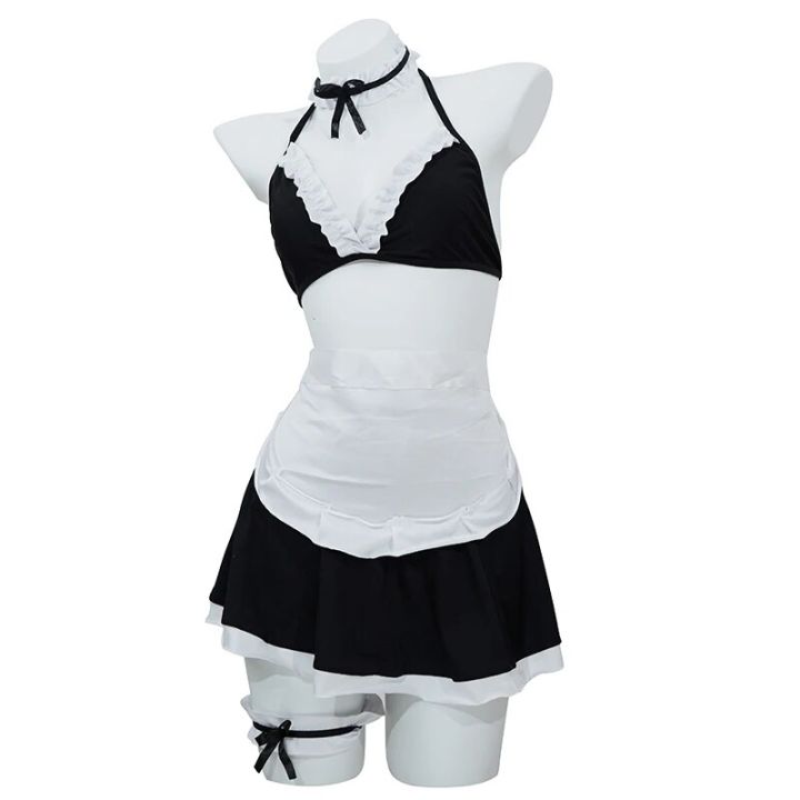 2 Pcs New Fashion Sexy Women Exotic Cosplay Maid Uniform Set Women's Cosplay Black Bow Tie Sexy Pajama Set