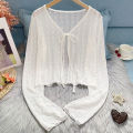 2026 White Tie Up Summer Cardigan Women  Long Sleeve Sheer Mesh Crop Tops Woman Chic All Match Short Printed T Shirt Mujer. 
