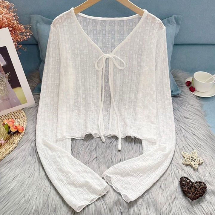 2026%20White%20Tie%20Up%20Summer%20Cardigan%20Women%20%20Long%20Sleeve%20Sheer%20Mesh%20Crop%20Tops%20Woman%20Chic%20All%20Match%20Short%20Printed%20T%20Shirt%20Mujer%20-%20Image%203