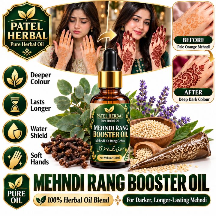 Patel Herbal Mehndi Colour Booster Oil 30ml - Dark Mehndi Colour Oil for Hands and Feet - Henna Stain Darkening Oil - Bridal Mehndi Aftercare Oil - Deep Dark Henna Colour - Mehandi Oil for Wedding and Eid - Long Lasting Mehndi Stain - Henna Cone Oil