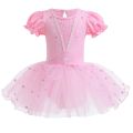 Girls Beaded Dress Stretch Breathable Short Sleeve Ballet Tutu Bodysuit for Dance Performance Kids Costume Size 100-140. 