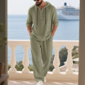 Cross-border Autumn Linen Men's Casual Suit Loose Hooded Henley Shirt Long Sleeve Pants Suit. 