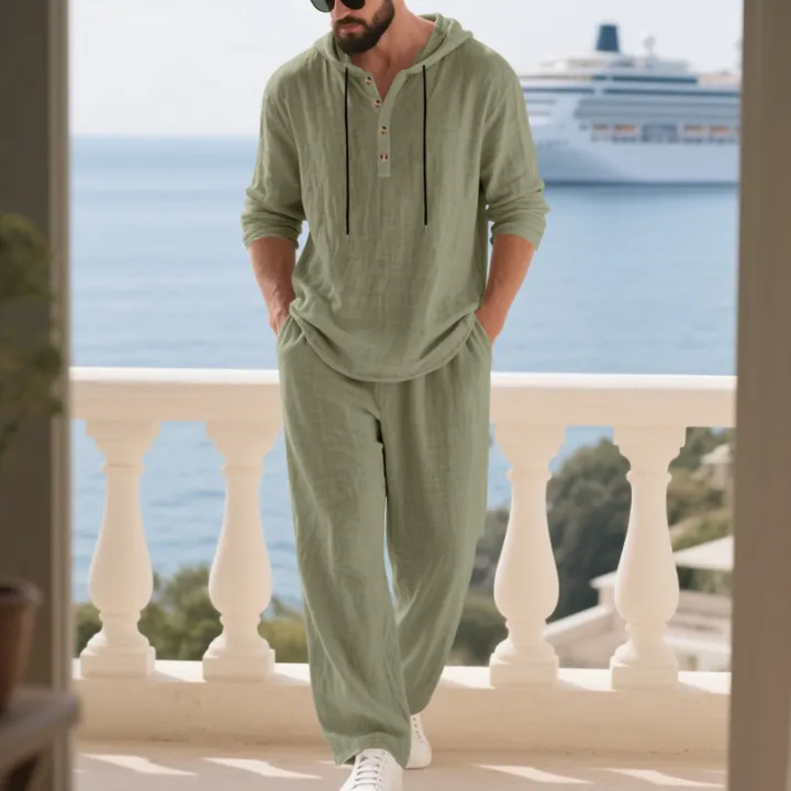 Cross-border%20Autumn%20Linen%20Men's%20Casual%20Suit%20Loose%20Hooded%20Henley%20Shirt%20Long%20Sleeve%20Pants%20Suit%20-%20Image%203