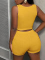 Trendy  Turmeric Ribbed Two-Piece Set Women's Crop Top and Shorts Sporty Casual Set Streetwear Nightclub Outfit. 