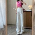 Fashion Artistic Lightweight Women Trendy Wide-legged Pants Simple Style Solid High-Waist Design Suitable Casual White Trousers. 