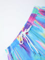 Men's Trendy Iridescent Holographic Set Gradient Tie Dye Short Sleeve Shirt & Drawstring Shorts Vacation 2 Piece Outfit 2.