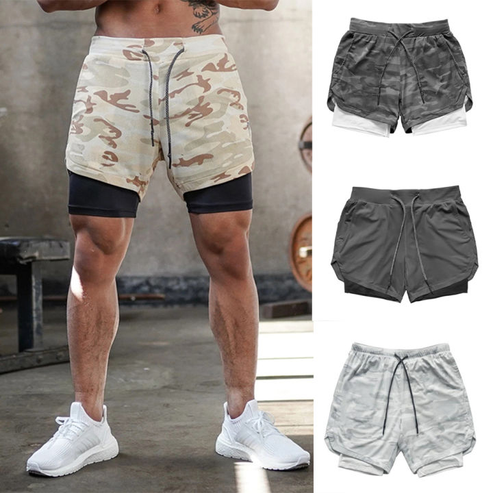 Men's Double Layer Fitness Shorts Drawstring Mesh Lining Elastic Waist Breathable Quick Dry Sportswear Jogger Short Male