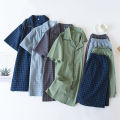 High Quality and Durable Men Cotton Pajama Set Single-Line Checkered Matching Loungewear Checkered Cardigan Shorts Sleepwear. 