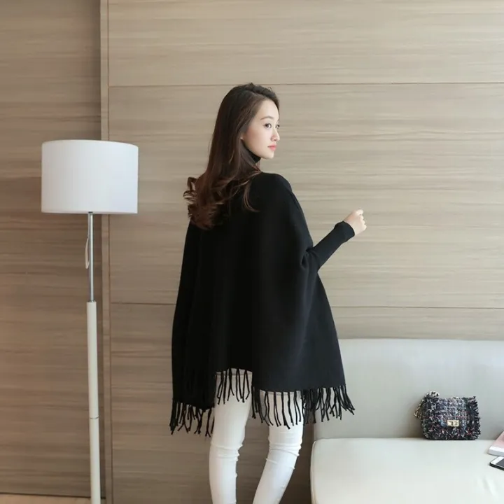 Women%20Poncho%20Coat%20Solid%20Elegant%20Pullover%20Female%20Jumper%20Irregular%20Tassel%20-%20Image%204