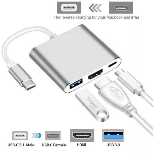 Type C to 3 in 1 Type C to HDMI Type C to USB and Type C to Type C Hub 4K Adapter USB-C to HDMI Converter with 3.0 USB Port and Type C 3.1 Female Charging Port for MacBook