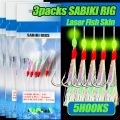 TAKBAS 1/3/5Packs Sabiki Rigs Saltwater, Fish Skin Mackerel Feathers Rigs, Sea Fishing Rigs with Luminous Beads Flasher Rig.