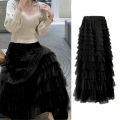 Summer Spring Women’s Multilayer Ruffles Tulle Skirt Pleated High Waist Fluffy Maxi Skirt Fairy Cake Dress Long Tutu Party Skirt.