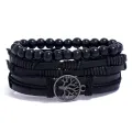 4Pcs/ Set Braided Wrap Leather Bracelets for Men Vintage Life Tree Rudder Charm Wood Beads Ethnic Tribal Wristband Rope Bracelet. 