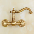 Classical Brass Kitchen Faucet Wall Mounted Dual Handle Holes Cold and Hot Water Taps Rotatable Kitchen Mixer Tap. 