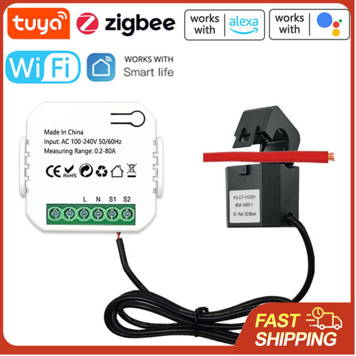 Tuya ZigBee WiFi Smart Energy Meter 80A Current Transformer Clamp Ammeter KWh Electricity Power Meter For Alexa  Home