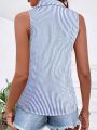 Plus Size 2025 Casual Women Blue Striped Sleeveless Shirt Oversize Breathable Female Clothing Office Lady Summer Top.
