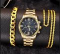 3 Pcs /Mens Fashion Golden Jewelry Deal Top class Casual  Watch + Braclet+Nacklace For Men/Boys Trendy Watch In Random Dial Designs. 