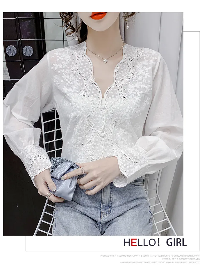 Women Embroidered Elegant White Lace Blouse V-neck Vintage Woman